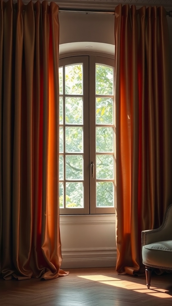 A window with silk curtains, illuminated by natural light.