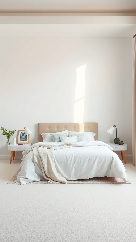 A serene bedroom with a blue-gray color scheme featuring a bed with white linens and a light-colored headboard.