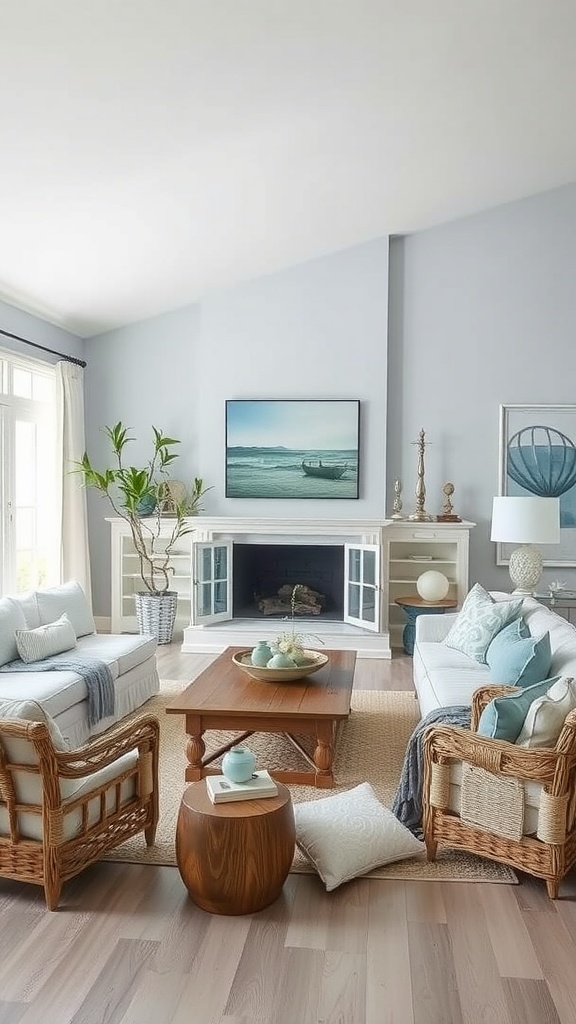 A beautifully decorated living room with walls painted in Silver Strand, featuring cozy furniture and natural light.