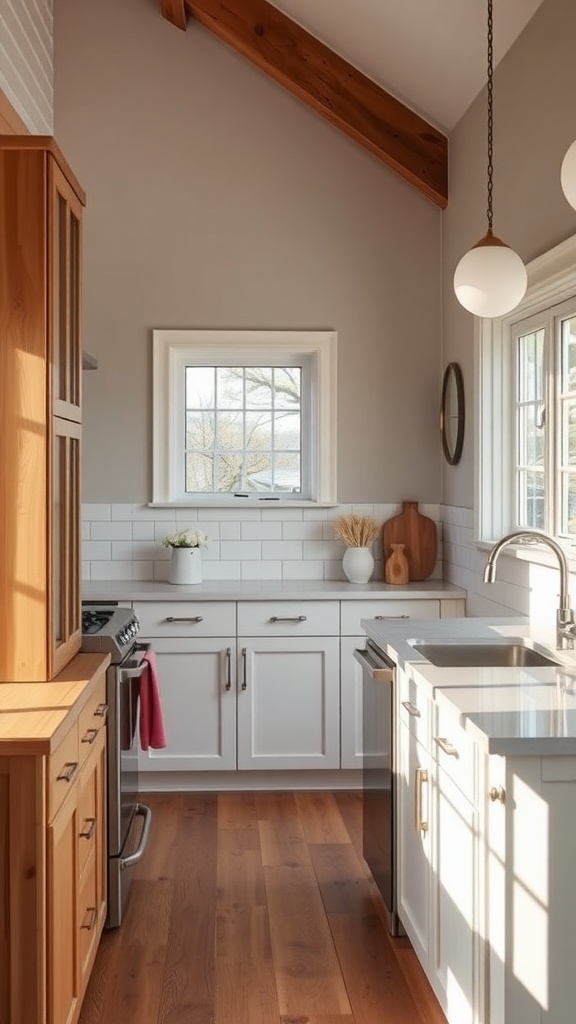 A kitchen featuring Silverpointe gray walls, white cabinetry, and wooden accents, illuminated by natural light.