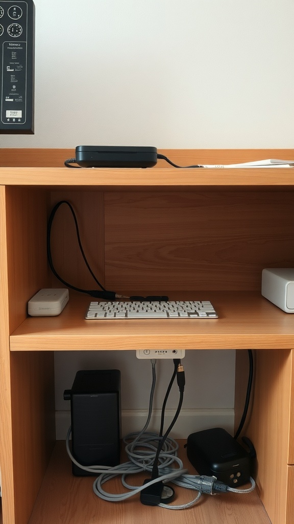 A minimalist home office setup featuring organized cables and devices neatly arranged