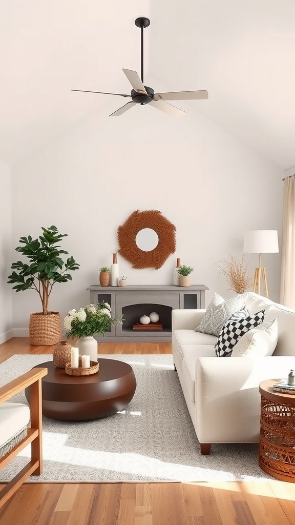 A cozy farmhouse style living room with a light sofa, dark coffee table, and greenery.