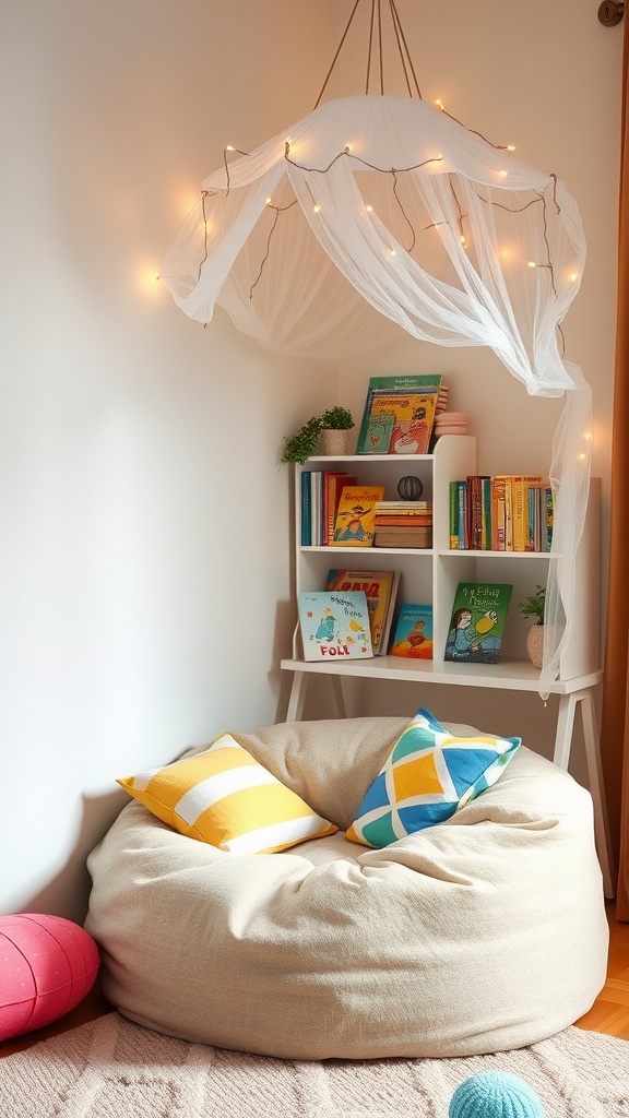 A cozy reading nook for kids featuring a bean bag, colorful pillows, twinkling lights, and a shelf filled with books.