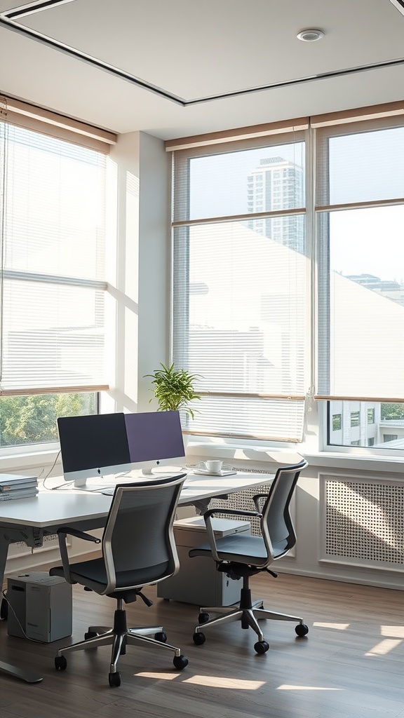 Minimalist home office with large windows and simple blinds
