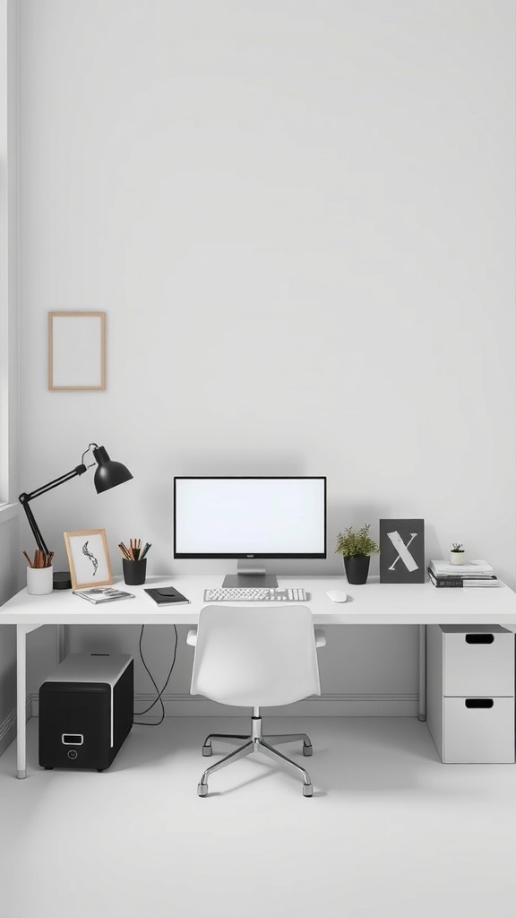 A minimalistic and organized creative workspace featuring a white desk, chair, monitor, lamp, and plant.