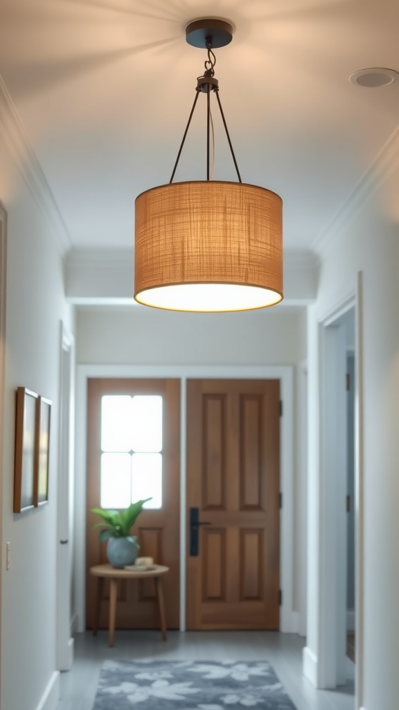 A single hanging drum shade light fixture in an entrance hall.