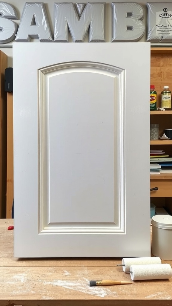 A white painted cabinet door on a workbench with painting tools and background items visible.