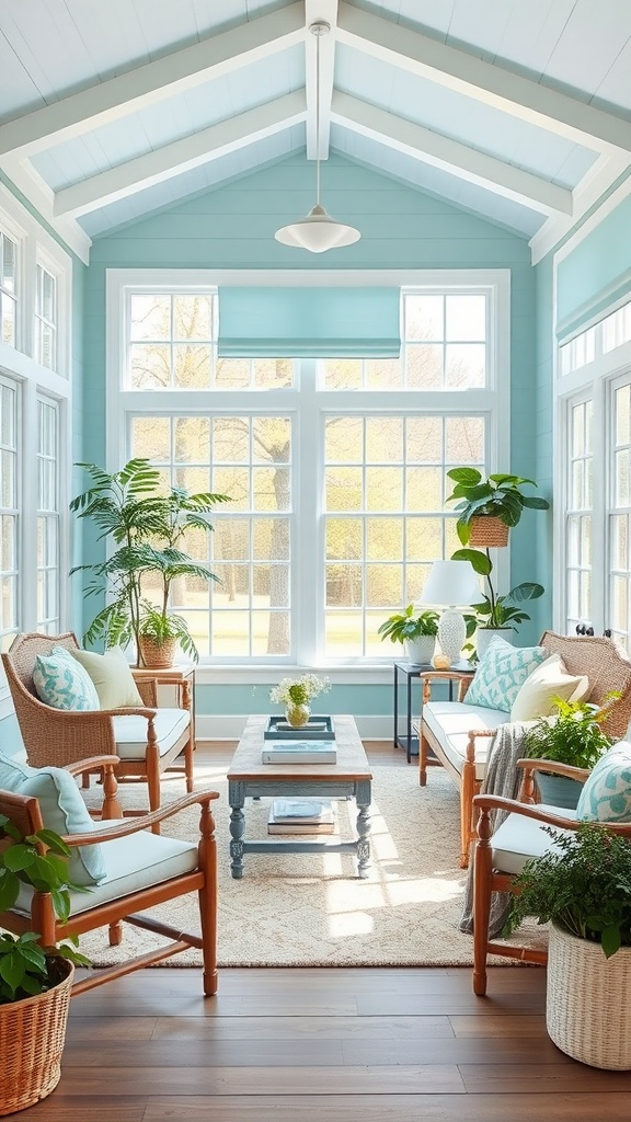 A bright sunroom with sky blue walls, large windows, and cozy furniture, surrounded by plants.