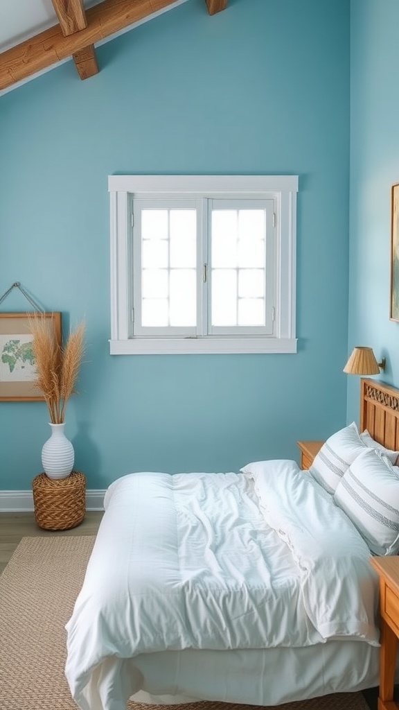 A bright bedroom with sky blue walls, white bedding, and wooden beams, creating an airy farmhouse atmosphere.