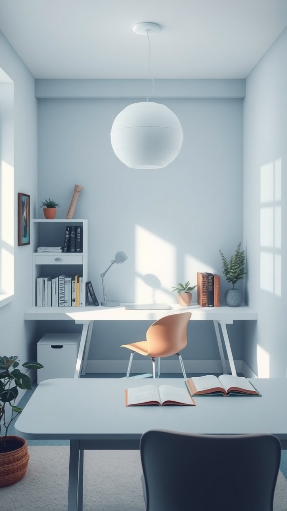 A bright and modern workspace featuring sky blue mist walls and contemporary furnishings.