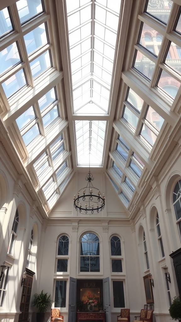 Interior view of a room with vaulted ceilings featuring multiple skylights and a chandelier.
