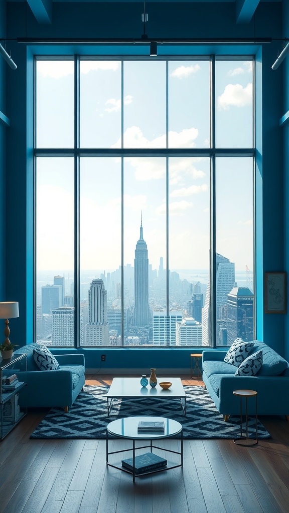 A modern living room with blue-gray walls, featuring large windows that provide a view of a city skyline.