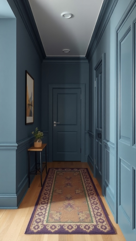A hallway painted in slate blue with wooden flooring and decorative rug.