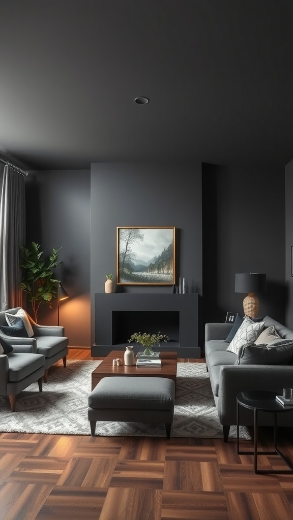 A cozy living room featuring slate gray walls, light gray furniture, and wooden flooring.