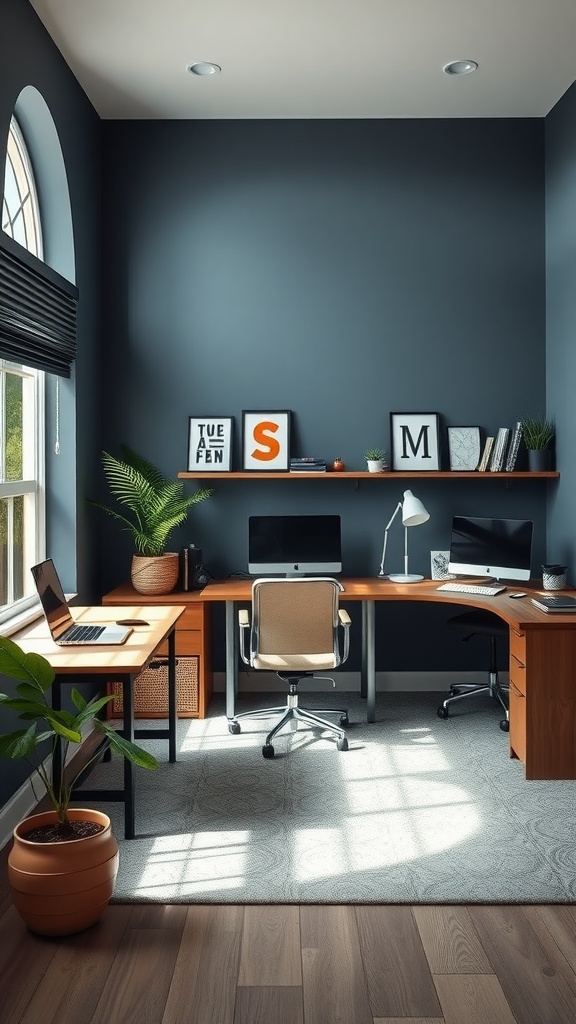 A workspace featuring slate gray blue walls, wooden desks, and a plant, showcasing a modern and inviting design.