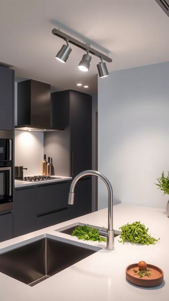A modern kitchen featuring sleek track lighting above the sink, illuminating the countertop.