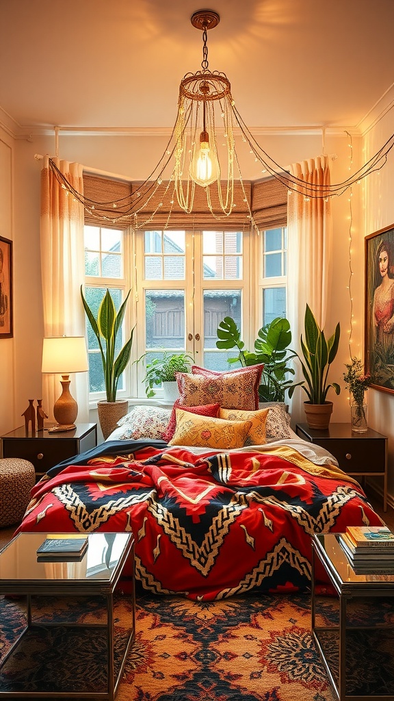 A sleek and shiny boho bedroom featuring a cozy bed with colorful cushions, a chandelier with fairy lights, and potted plants beside the window.