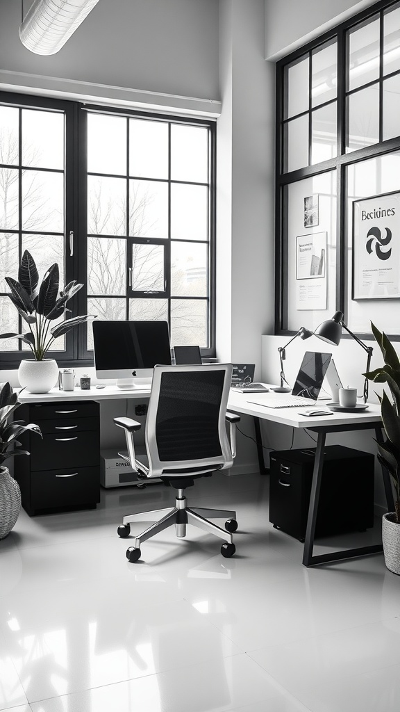 A sleek black and white home office layout featuring a modern desk, comfortable chair, and large windows with plants.