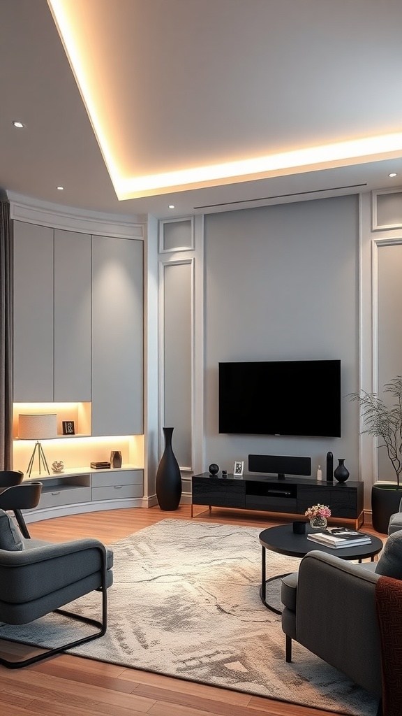 Modern luxury living room with sleek built-in TV unit and ambient lighting