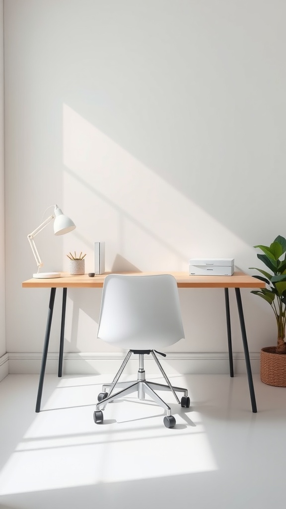 A minimalist home office featuring a light wood desk, white chair, desk lamp, and a potted plant.
