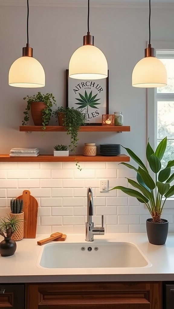 Kitchen sink area with three drum pendant lights hanging above, complemented by plants and decorative shelves.