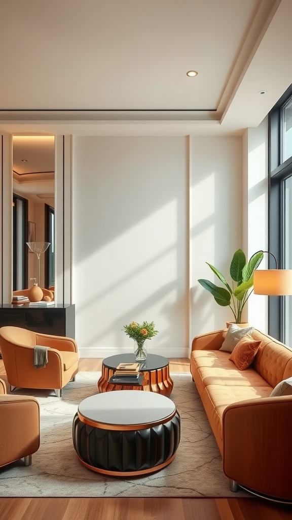 A modern living room featuring sleek orange furniture, stylish coffee tables, and a potted plant in a well-lit space.