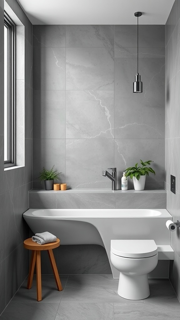 Modern bathroom with gray tiles, sleek designs, and green plants