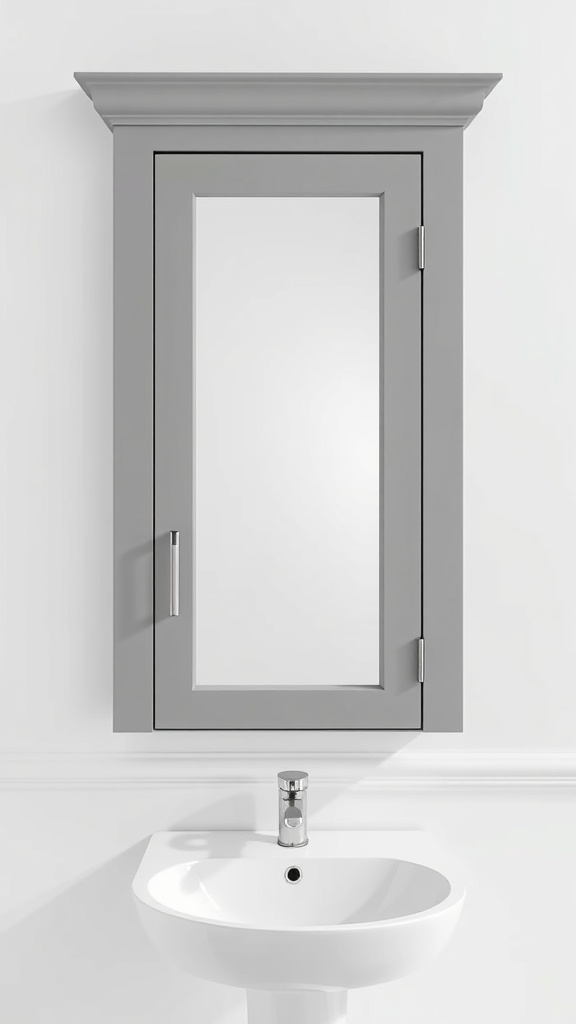 Sleek gray medicine cabinet with a mirror, above a white basin