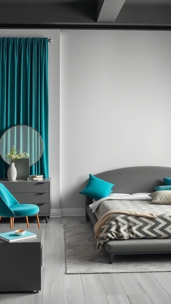 A modern bedroom featuring grey furniture and teal accents with a cozy aesthetic.