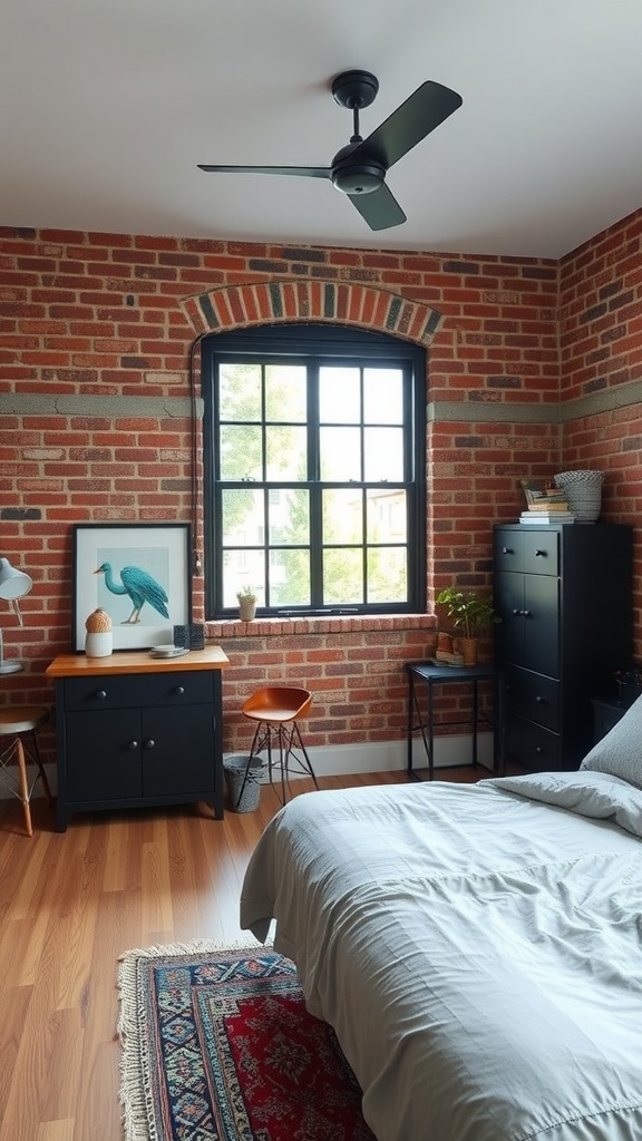 A stylish industrial bedroom featuring exposed brick walls, a large window, and modern furniture.