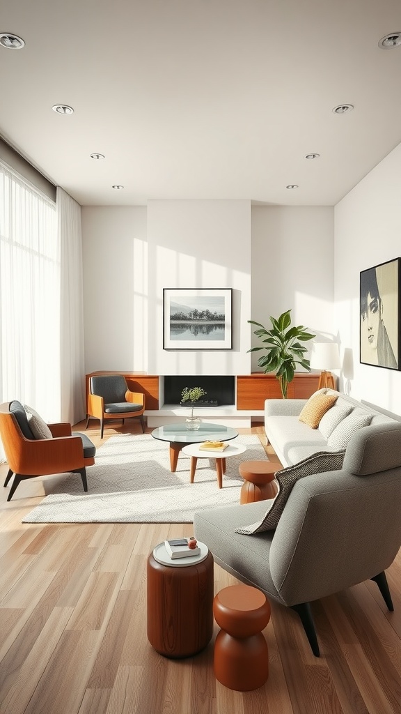 A modern living room featuring sleek furniture with organic shapes, showcasing Mid-Century Modern design.