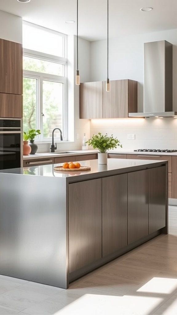 A sleek metal kitchen island with wood cabinetry and modern decor