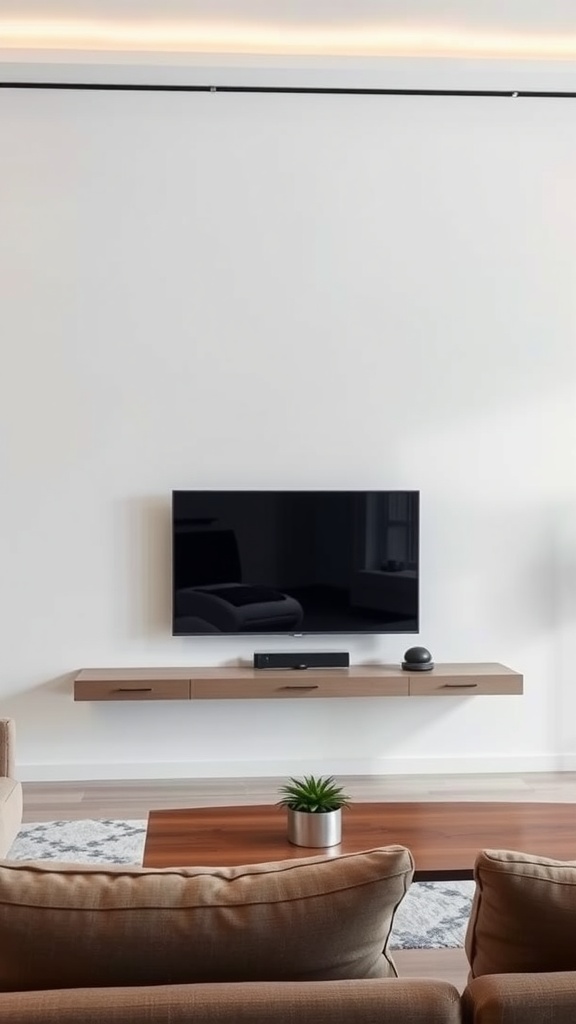 A modern minimalist living room featuring a wall-mounted TV above a floating shelf with a plant and a small speaker.