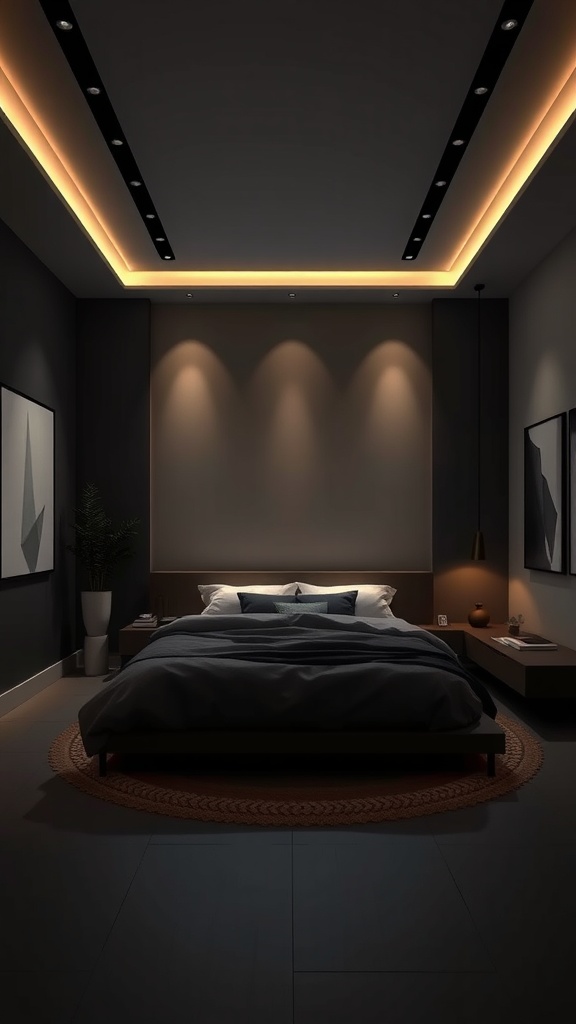 A sleek, minimalist dark bedroom with soft lighting and deep tones