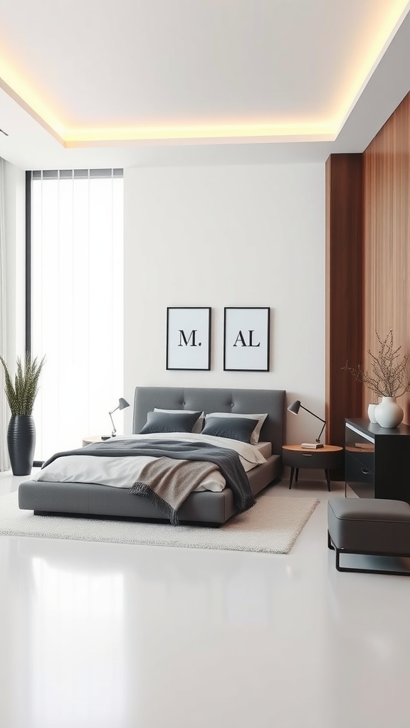 A modern minimalist bedroom with a gray bed, soft lighting, and clean lines.