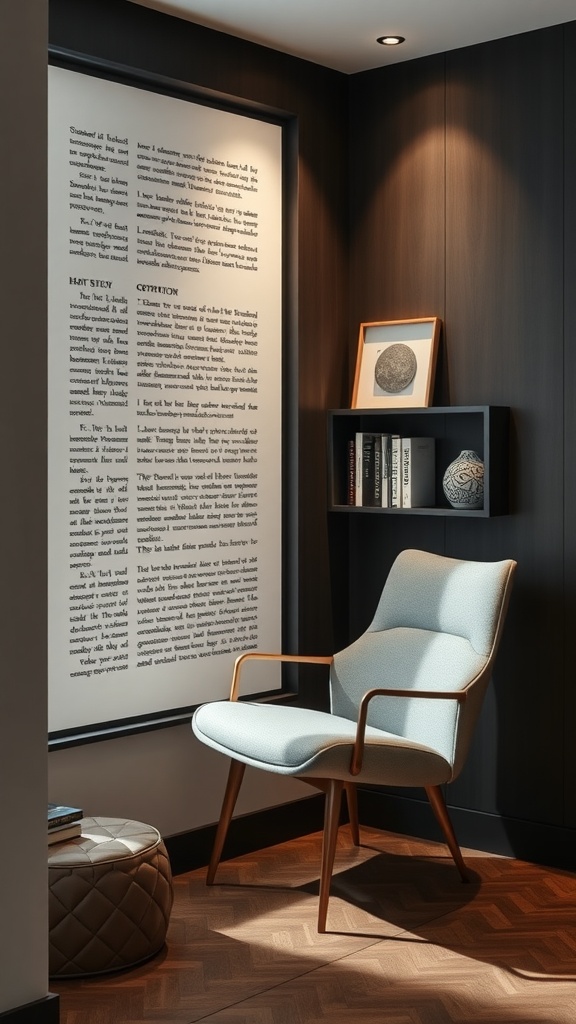 A modern reading nook featuring a stylish chair, an ottoman, and a wall art that resembles text from a book.