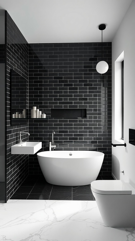 A modern monochrome bathroom featuring black tiled walls, a white freestanding bathtub, and stylish fixtures.