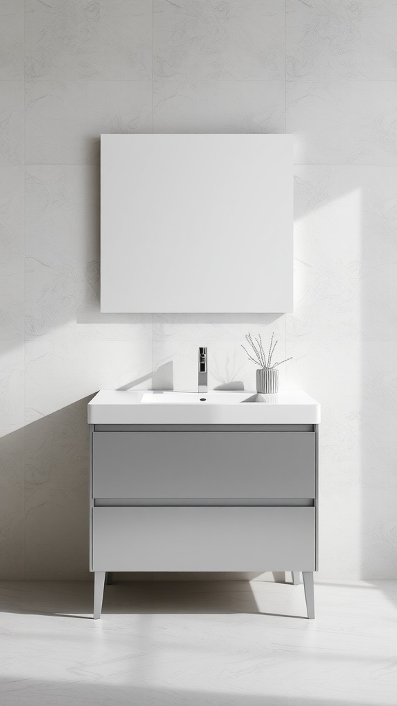 A modern silver bathroom vanity with a white sink and minimalist design.