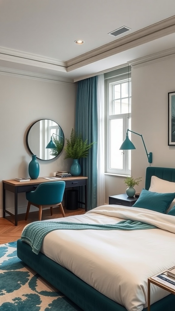 A stylish teal bedroom featuring a bed with teal bedding, a desk and chair, and decorative plants