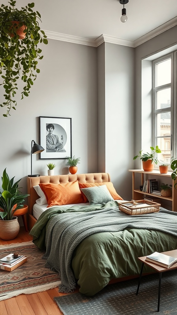 A sleek urban bedroom featuring green and terracotta tones with a cozy bed, plants, and natural light.