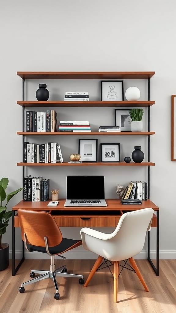 A stylish home office featuring sleek wall shelves with books, decorative items, and a modern desk setup.