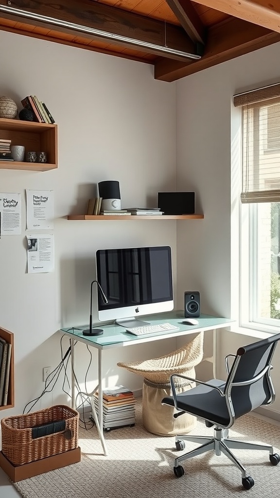A neat and organized small home office with a glass desk, a computer, and effective wire management solutions.
