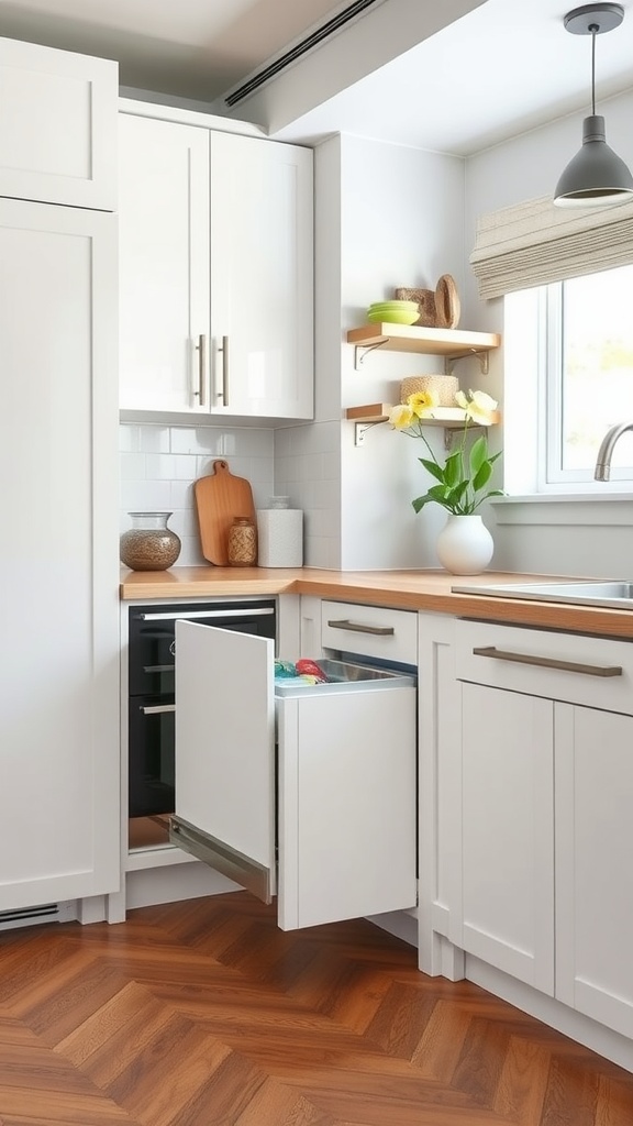 Modern small kitchen featuring a slide-out trash bin.