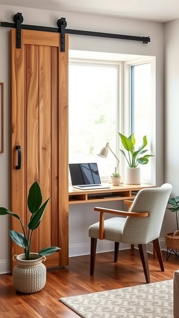 A cozy home office nook featuring a sliding barn door desk by a window, with plants and a comfortable chair.