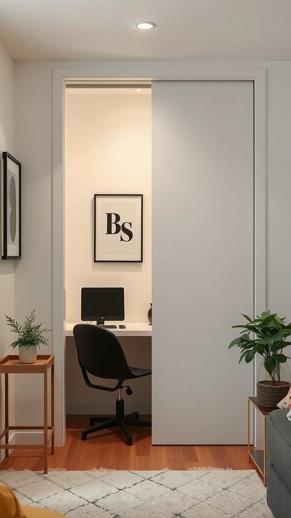 A small home office separated by a sliding door, featuring a desk and computer, surrounded by plants.