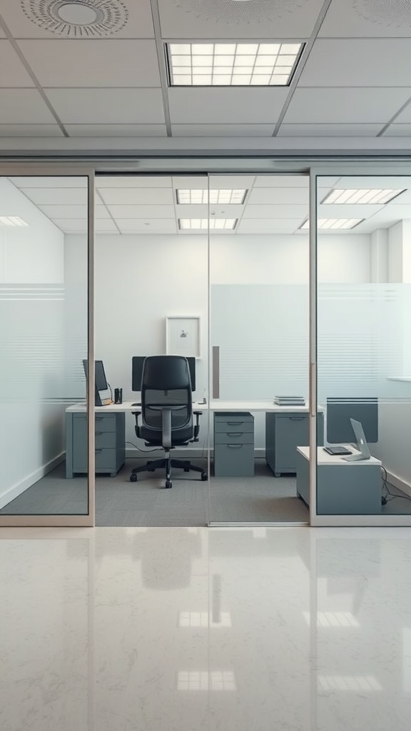 Modern office with sliding glass doors separating the workspace