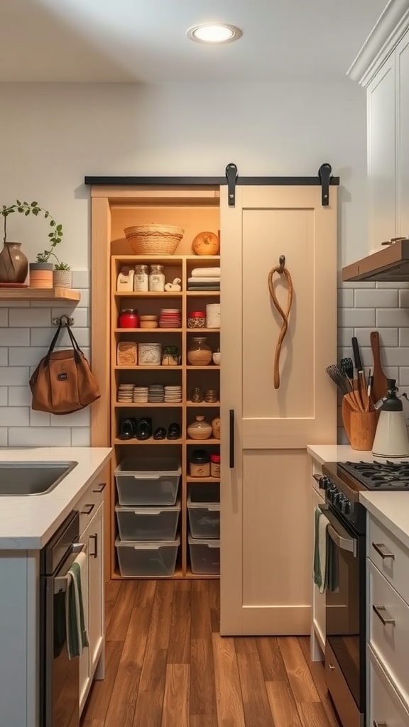 A small kitchen with a sliding pantry door, showcasing an organized pantry filled with baskets and containers.