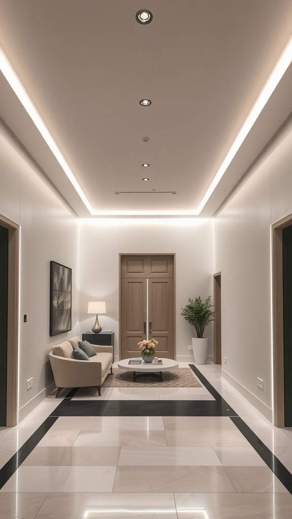 A modern hallway with slim LED strip lighting along the ceiling, featuring stylish decor.