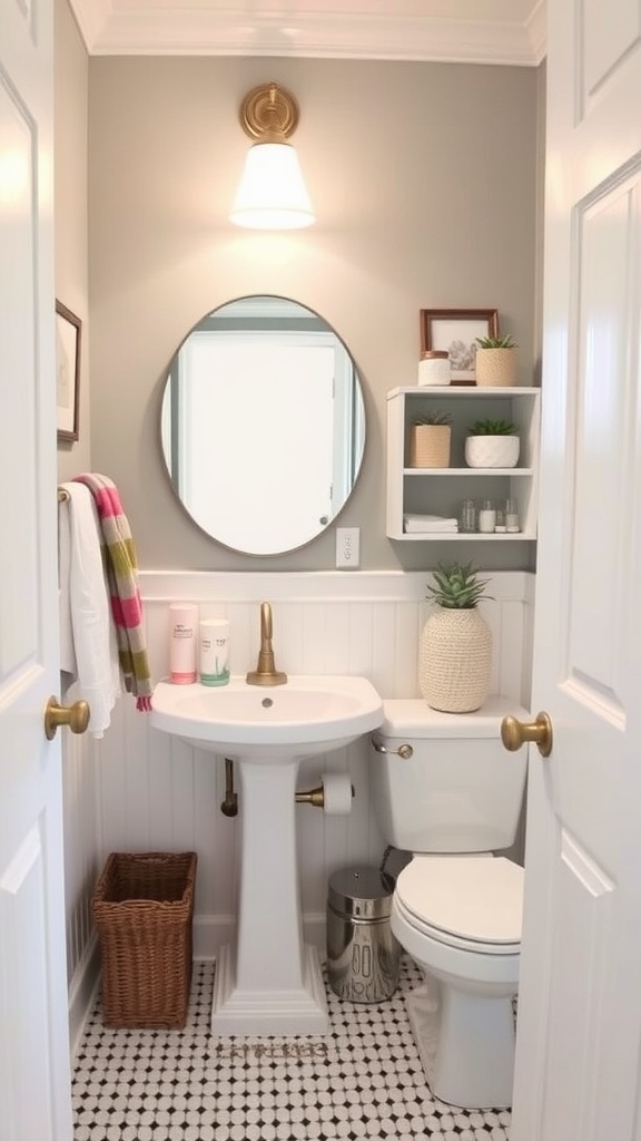 A small, stylish bathroom with gray walls, a round mirror, and clever storage solutions.