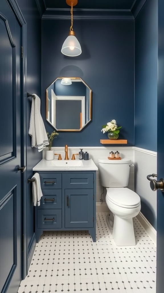 Small bathroom with navy walls, white trim, and stylish fixtures
